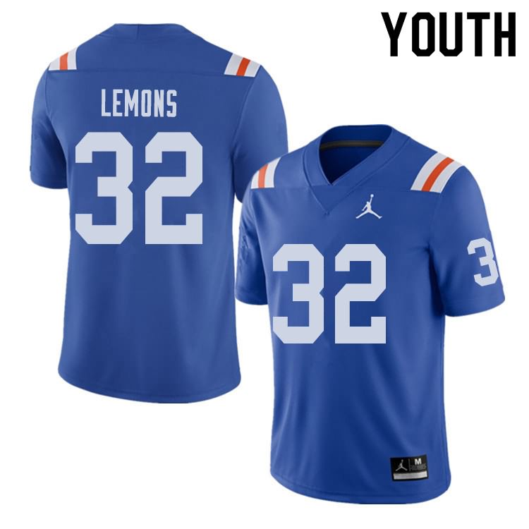 NCAA Florida Gators Adarius Lemons Youth #32 Jordan Brand Alternate Royal Throwback Stitched Authentic College Football Jersey OCC7364EH